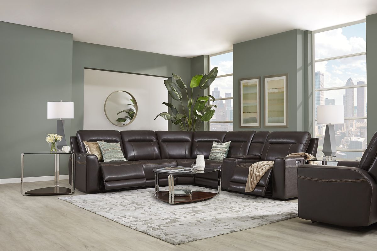 Bargotti Coffee Brown Leather 6 Pc Dual Power Reclining Sectional