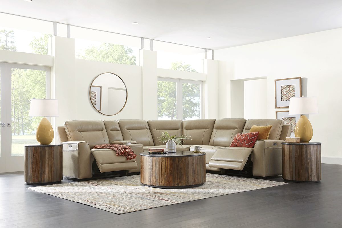 Bargotti Stone Beige Leather 6 Pc Dual Power Reclining Sectional