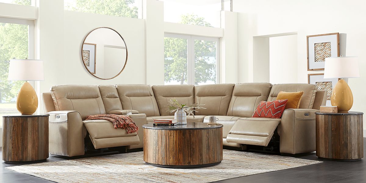 Bargotti 9 Pc Stone Beige Leather Living Room Set With 6 Pc Power ...