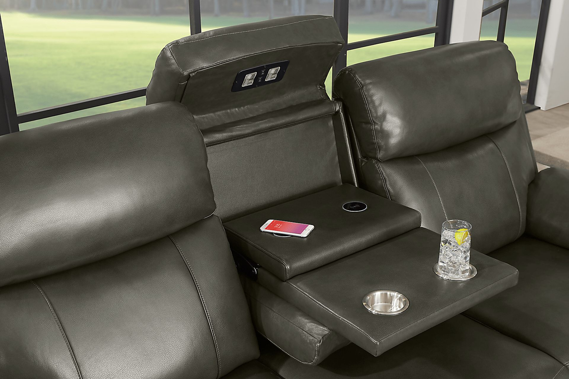 Barolo Dark Gray Leather Triple Power Reclining Sofa with Massage and Heat - Image 11