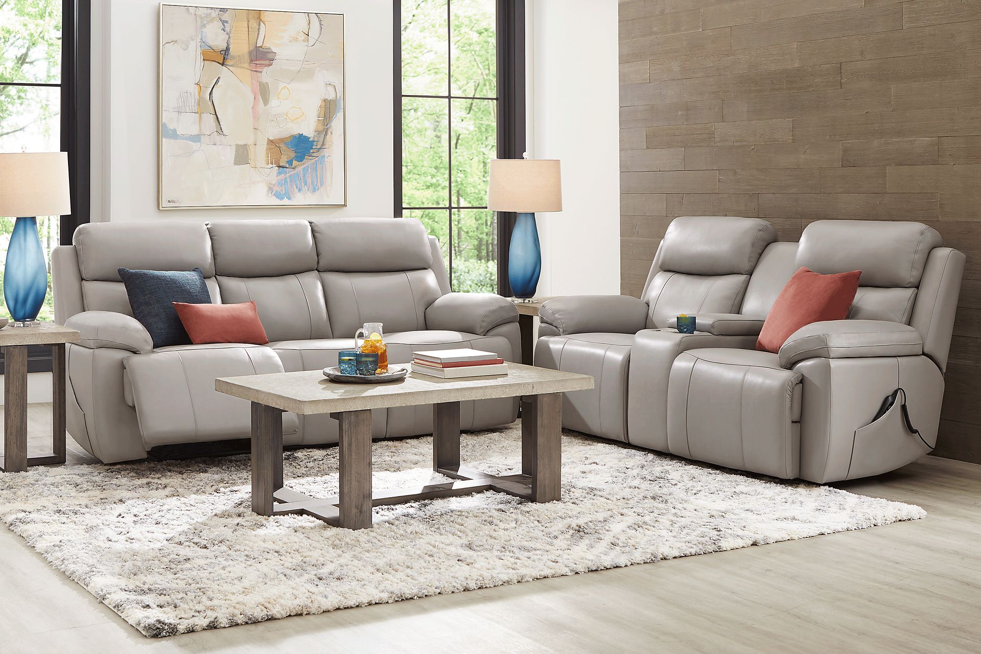 Barolo Dove Leather 5 Pc Triple Power Reclining Living Room with Massage and Heat - Image 1