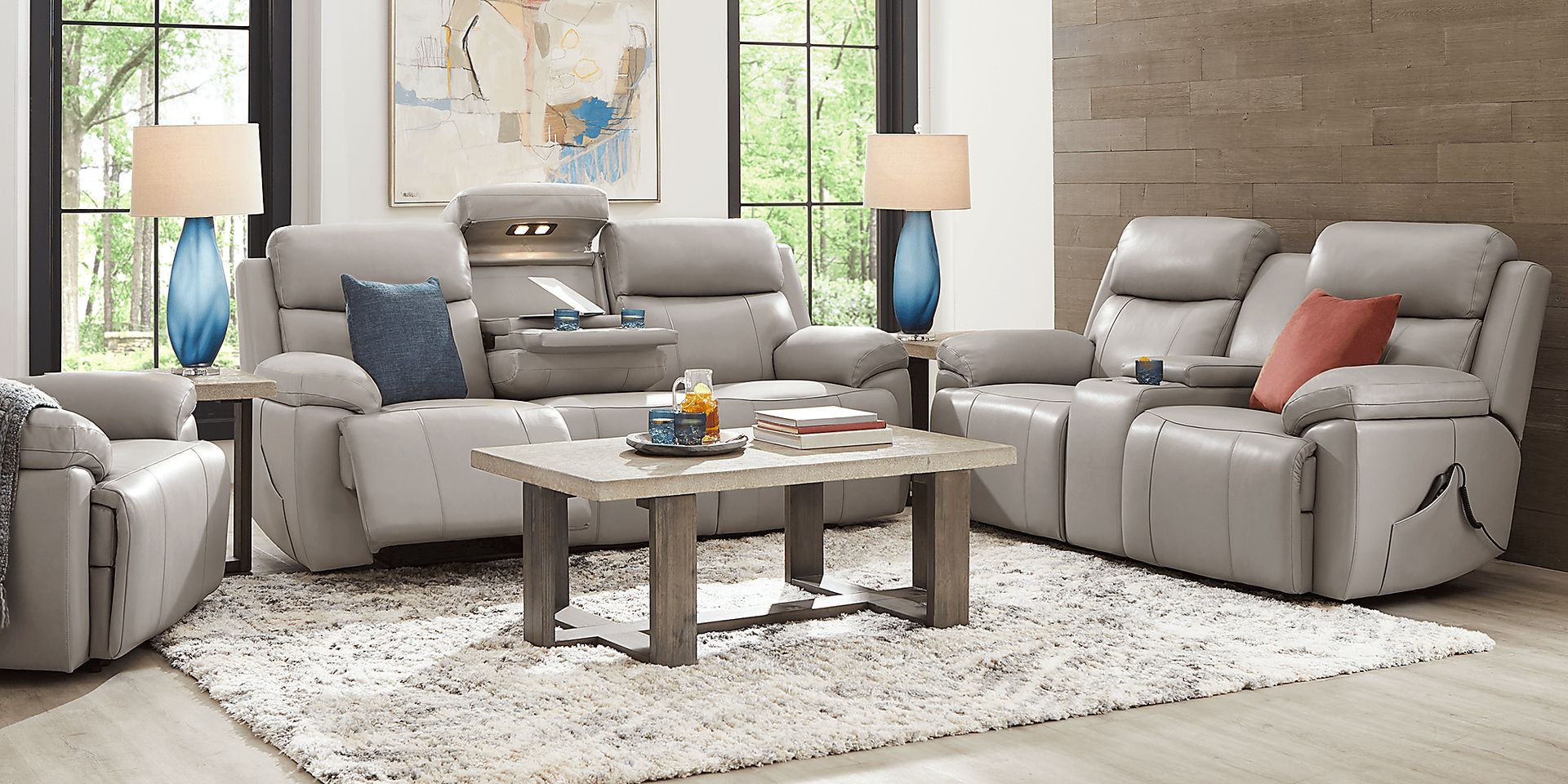 Barolo Dove Leather 6 Pc Triple Power Reclining Living Room with Massage and Heat - Image 2