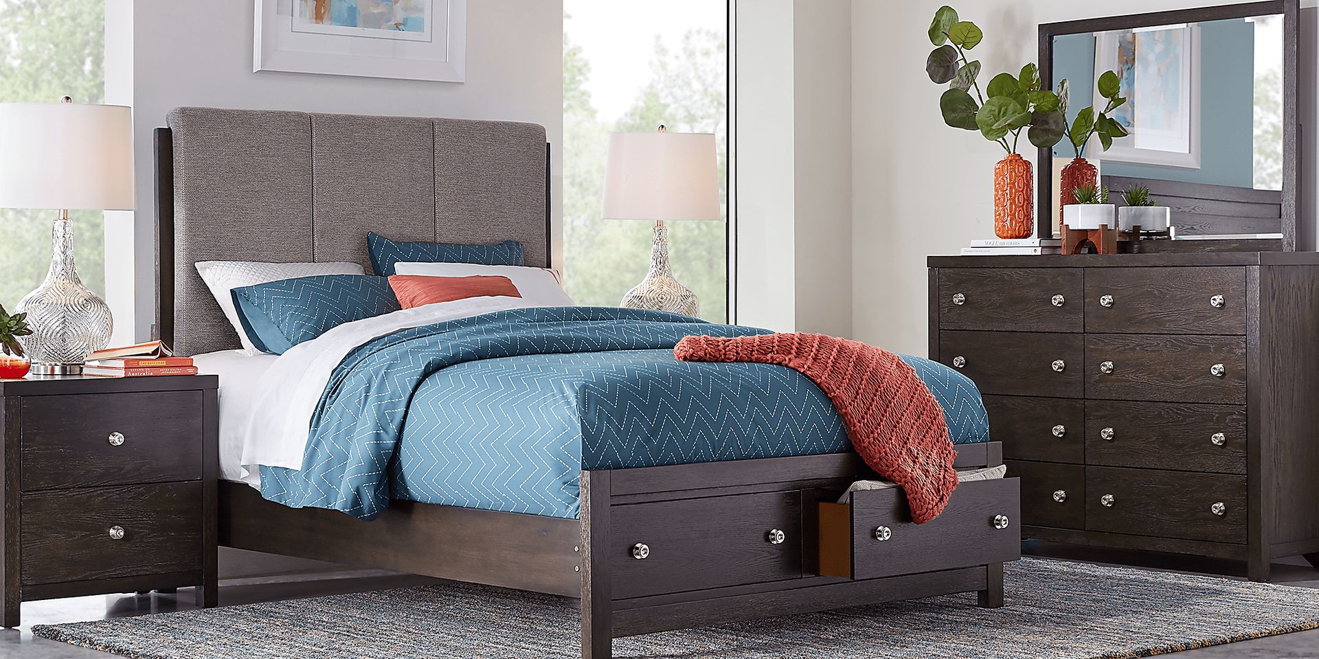 Barringer Place Merlot 6 Pc Queen Upholstered Bedroom with Storage - Image 1