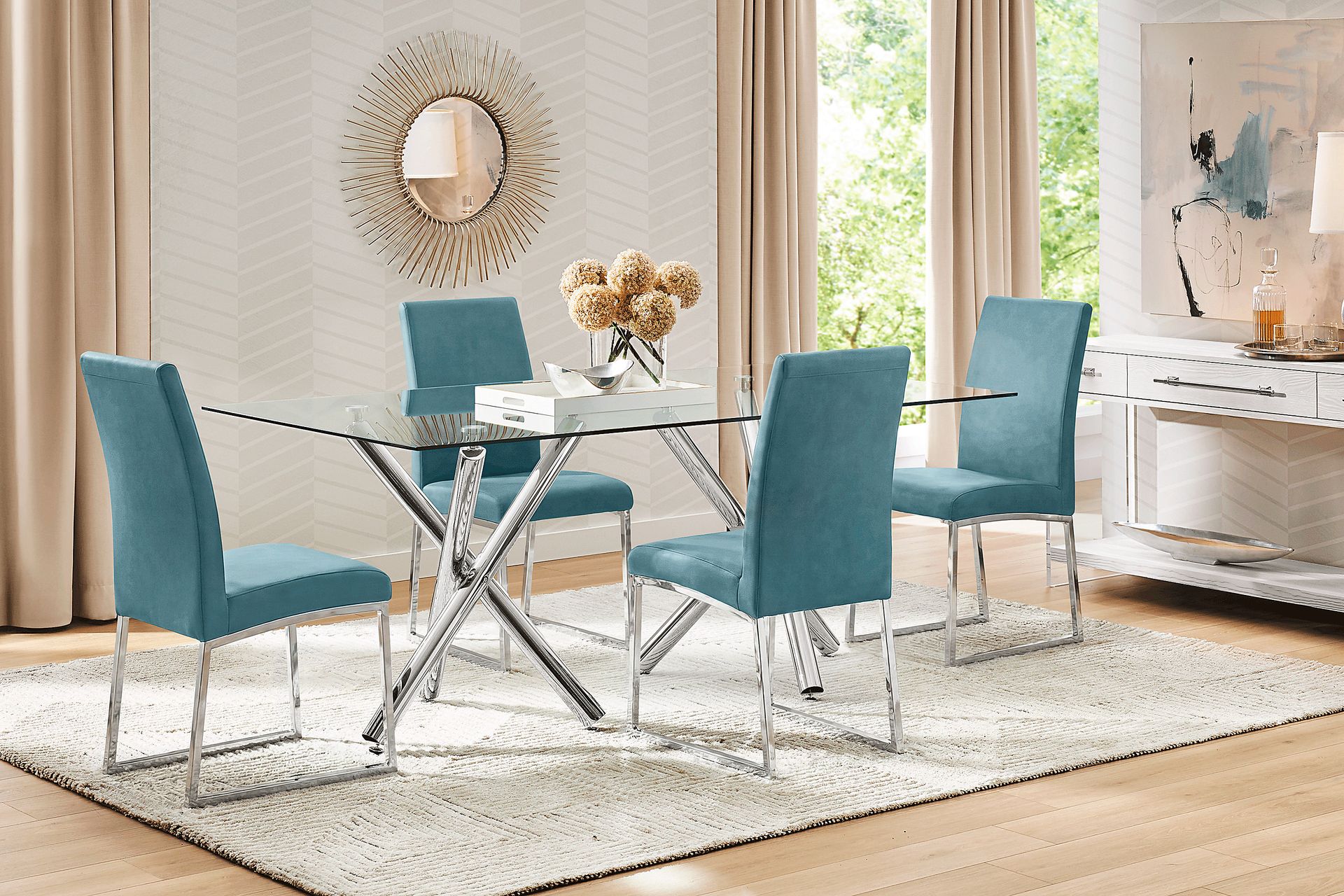 Bastone Silver 5 Pc Dining Room with Blue Upholstered Chairs - Image 1