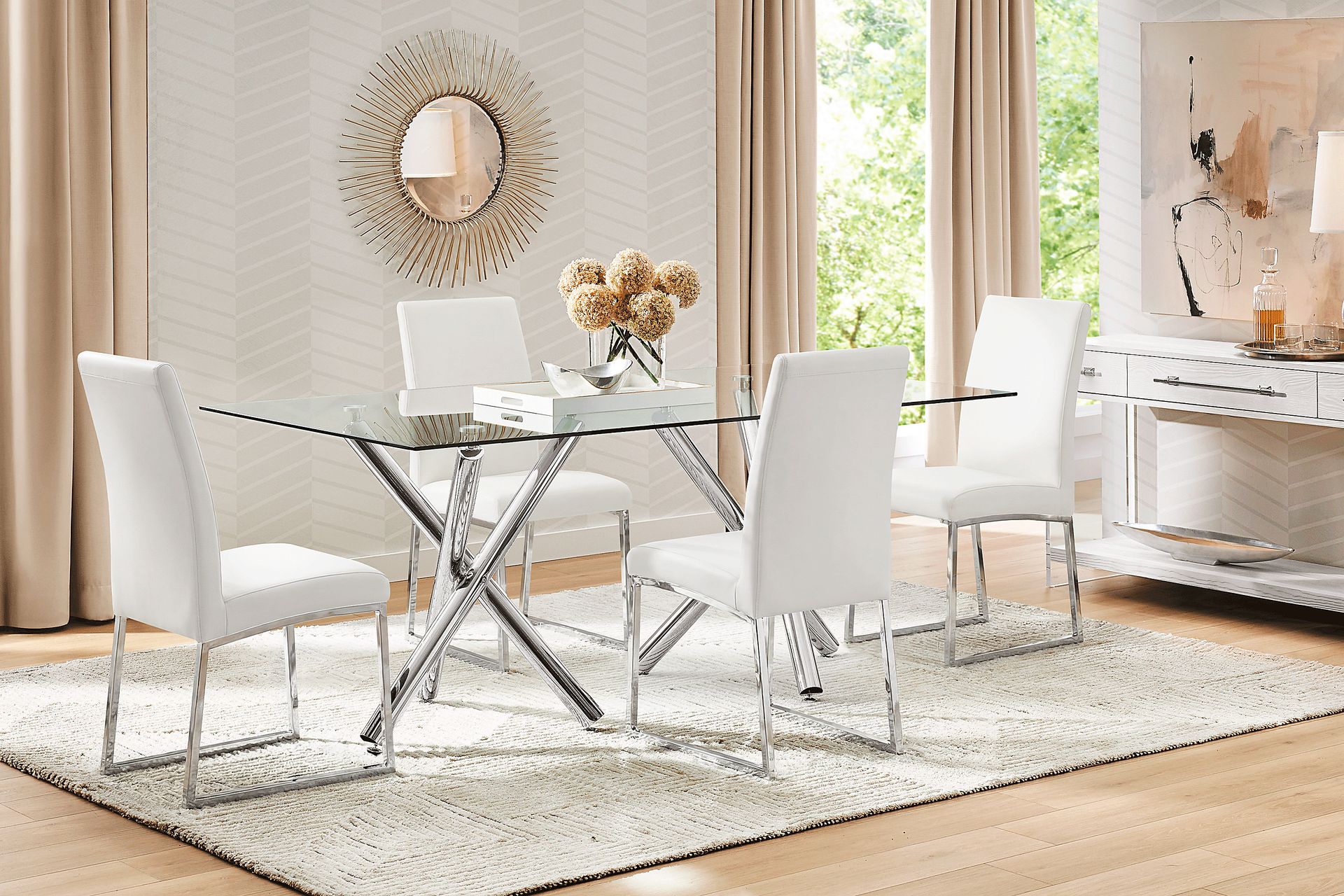 Bastone Silver 5 Pc Dining Room with Off-White Upholstered Chairs - Image 1