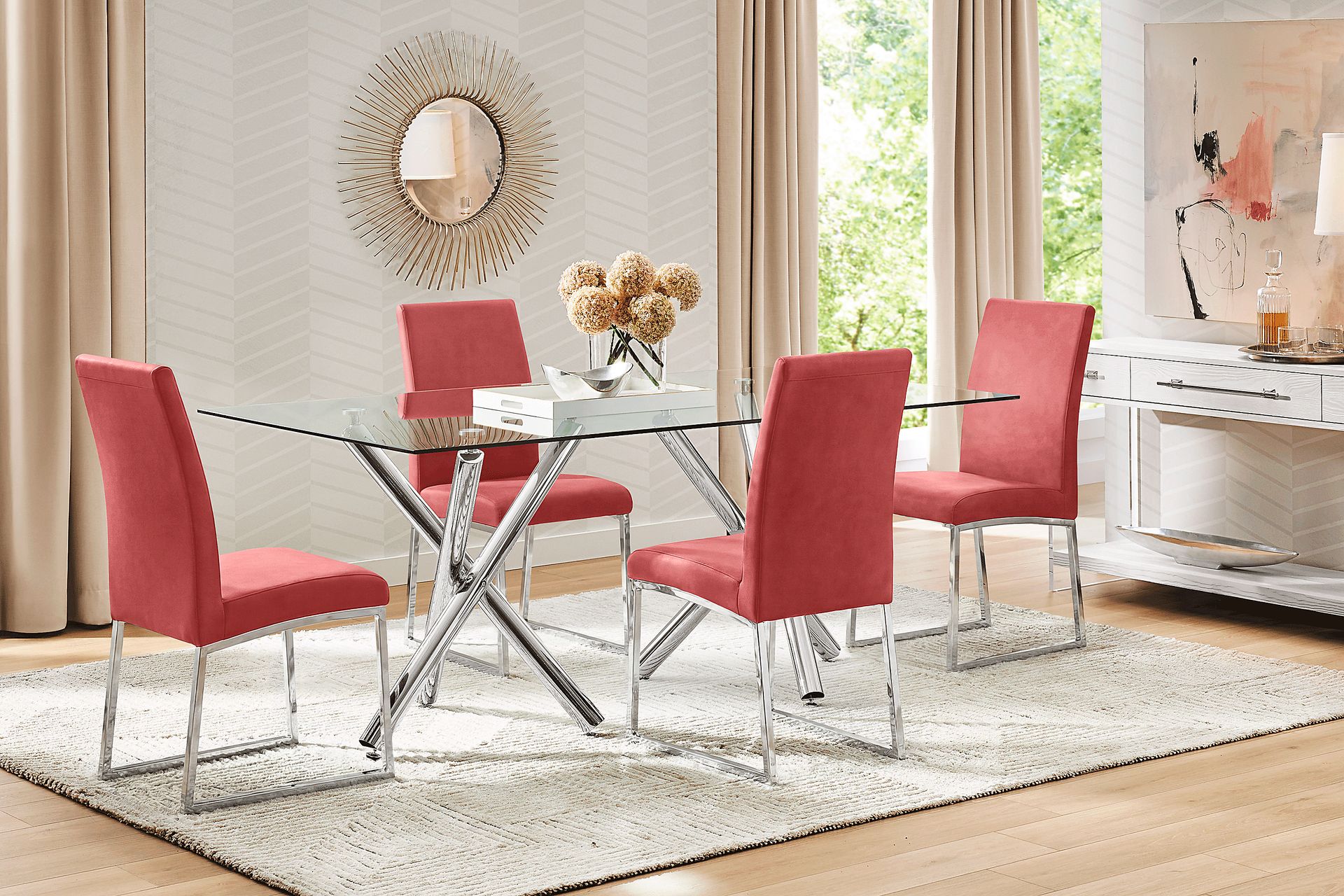 Bastone Silver 5 Pc Dining Room with Red Upholstered Chairs - Image 1