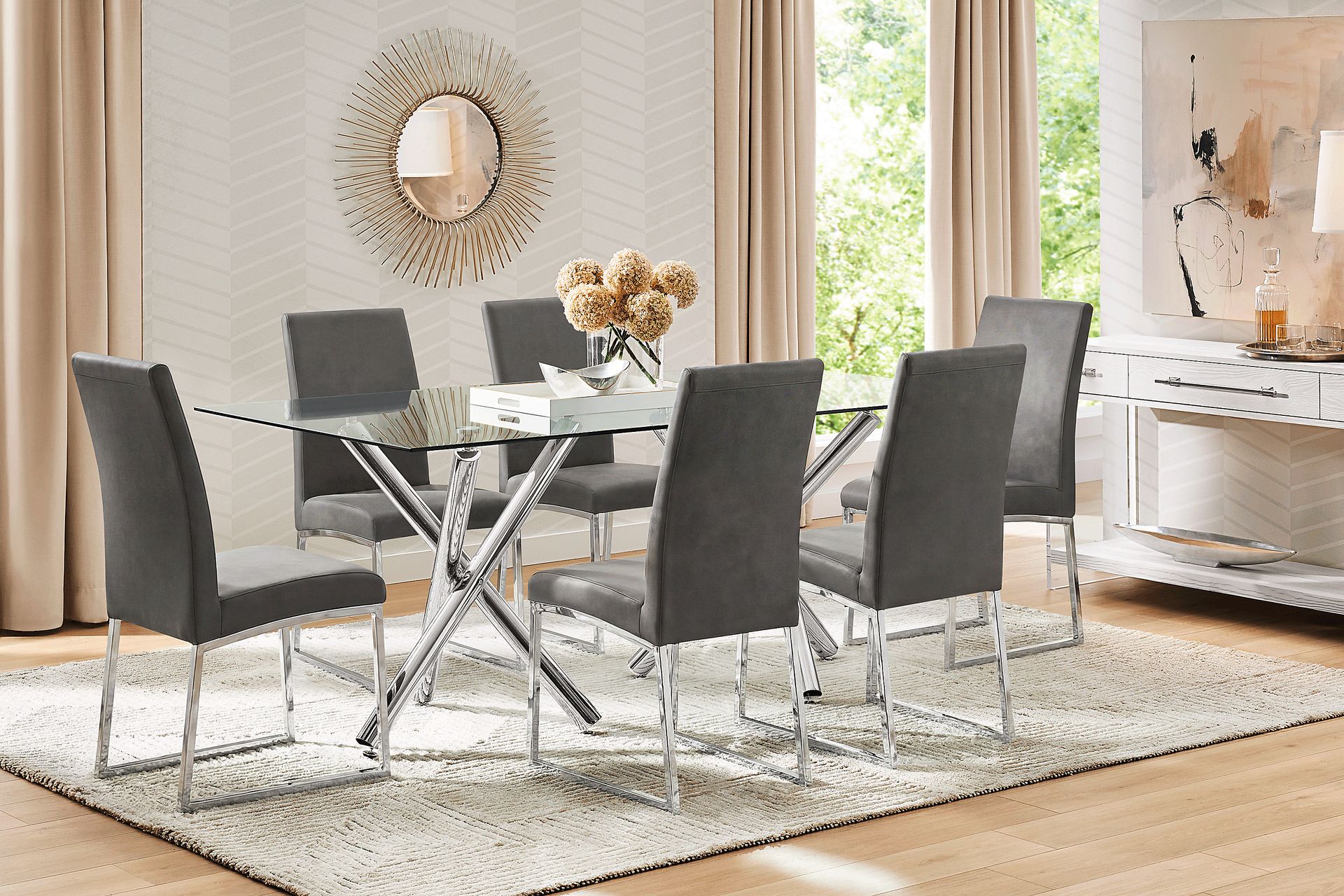 Bastone Silver 7 Pc Dining Room with Charcoal Upholstered Chairs - Image 1