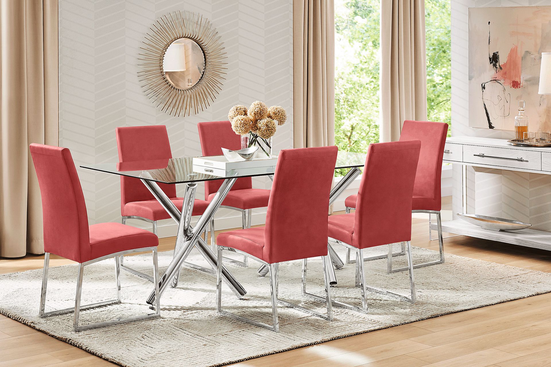 Bastone Silver 7 Pc Dining Room with Red Upholstered Chairs - Image 1