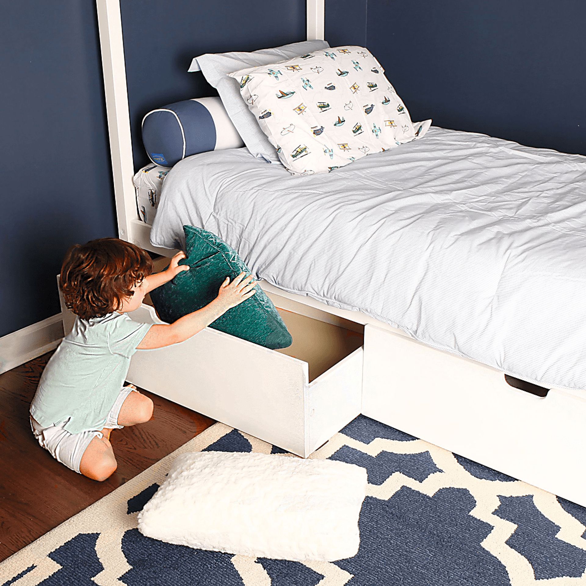 Kids Battenburg White Twin House Bed with Storage Drawers - Image 4