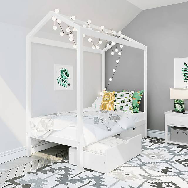 Kids Battenburg White Twin House Bed with Storage Drawers - Thumbnail - Image 1