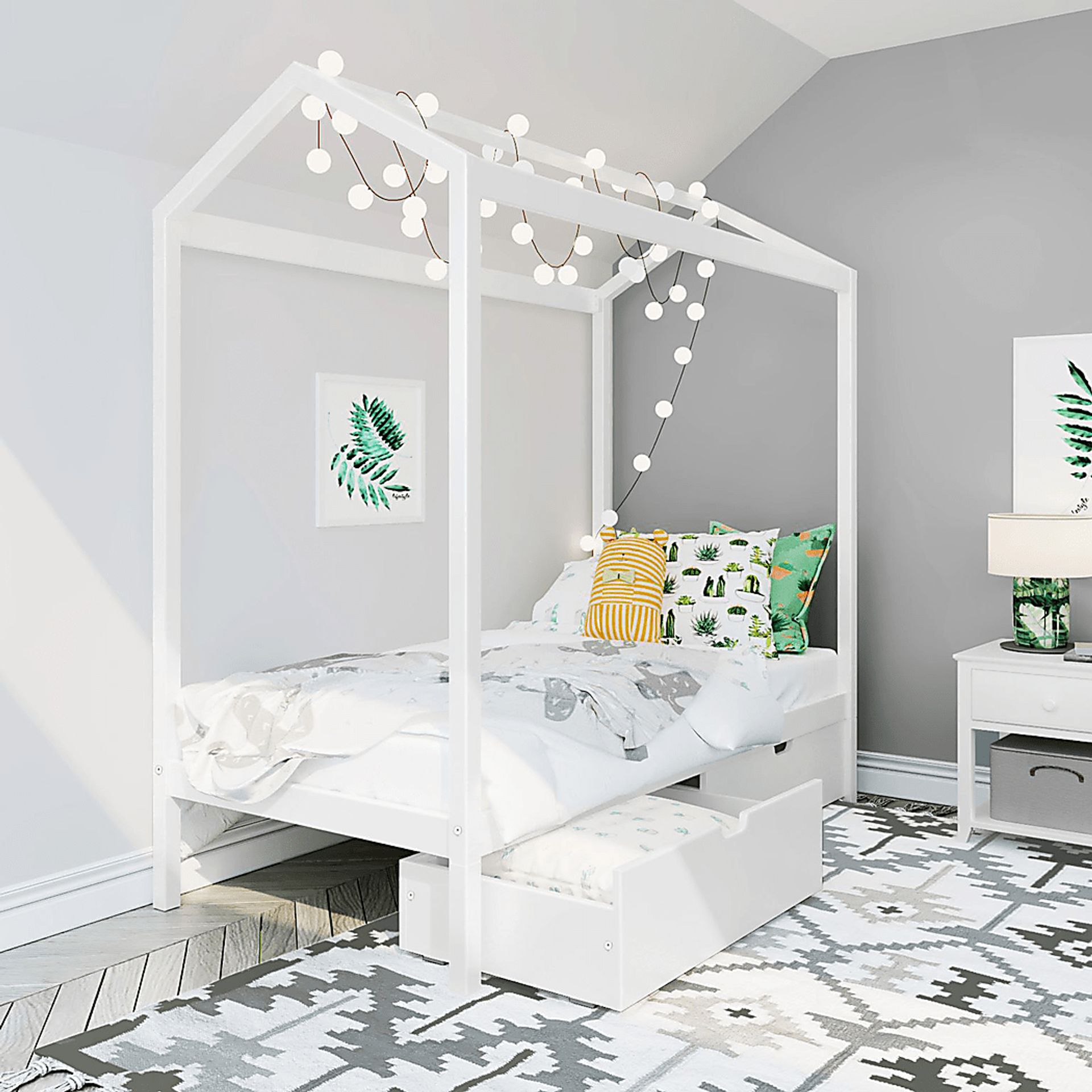 Kids Battenburg White Twin House Bed with Storage Drawers - Image 1