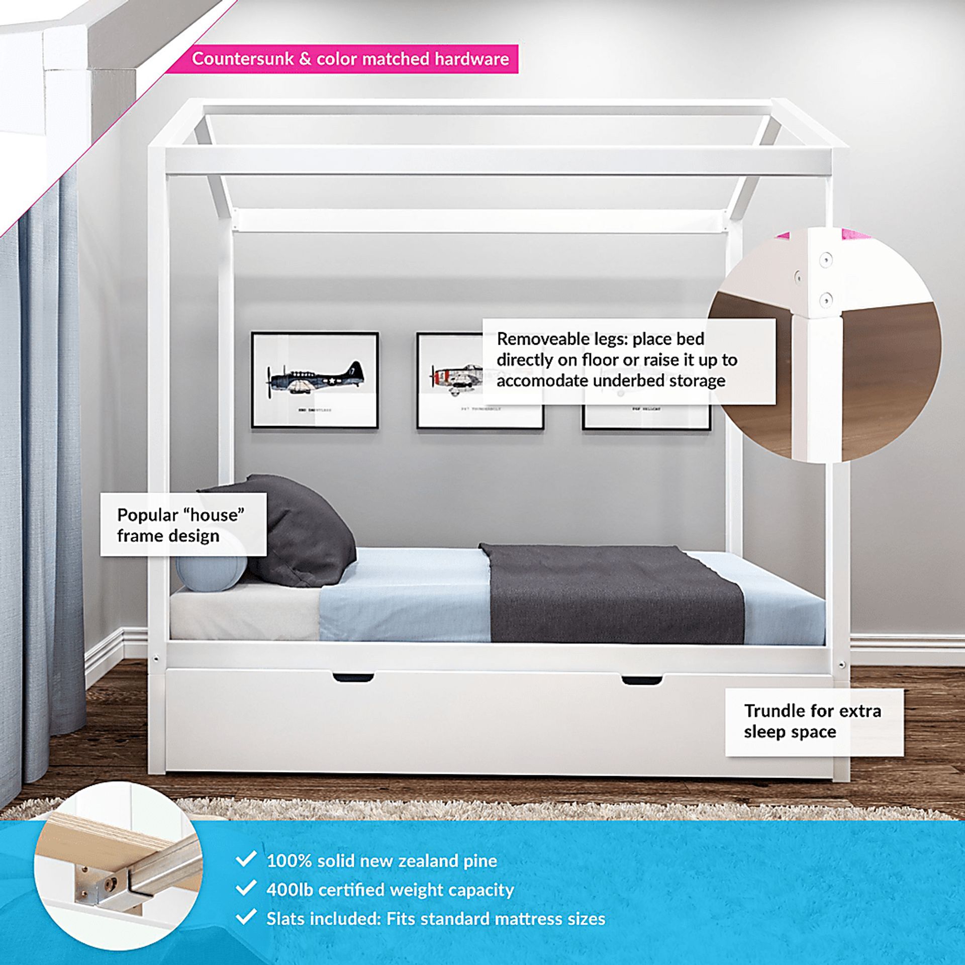 Kids Battenburg White Twin House Bed with Trundle - Image 2