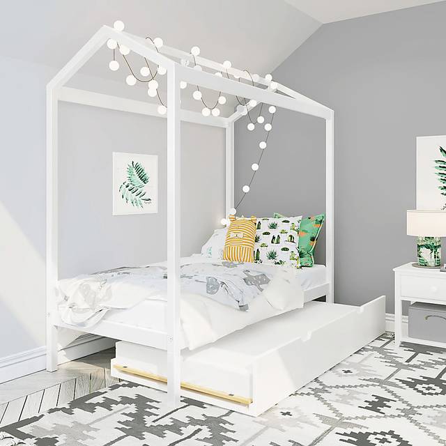 Kids Battenburg White Twin House Bed with Trundle - Thumbnail - Image 1