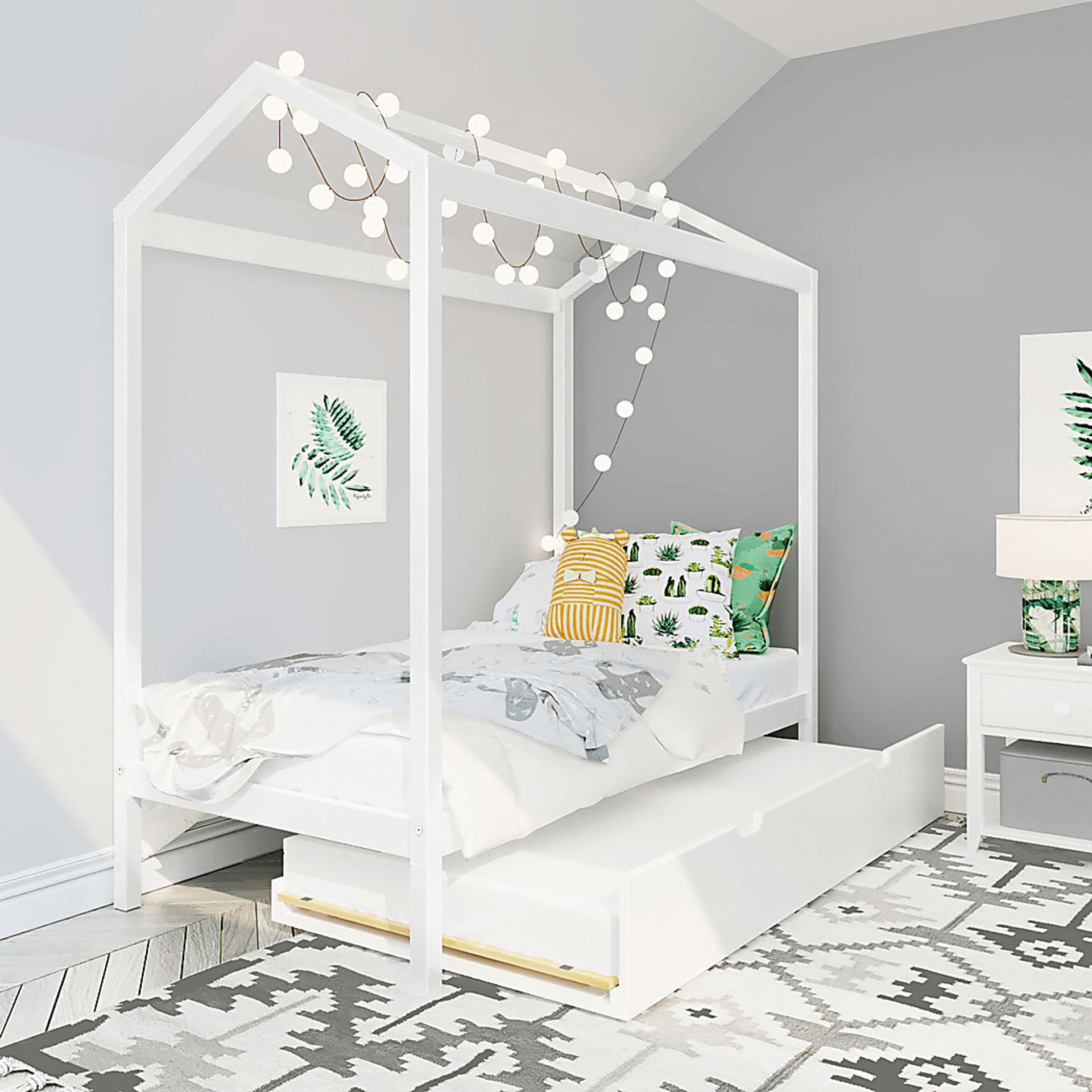 Kids Battenburg White Twin House Bed with Trundle - Image 1