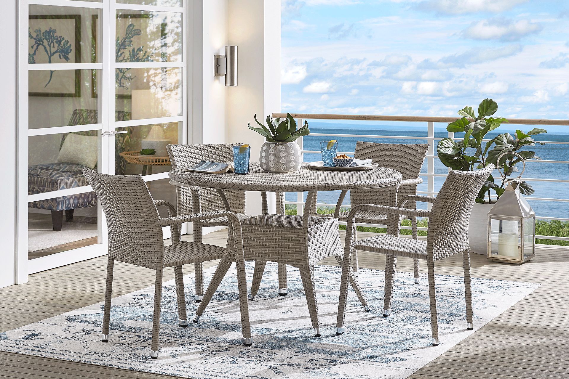 Bay Terrace 5 Pc Gray Wicker Outdoor Dining Set With Square Back Arm Chair Dining Table Rooms to Go