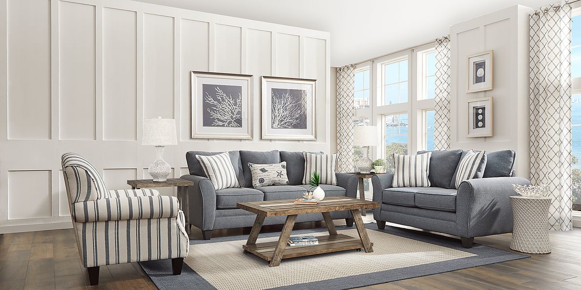 Beachfront 7 Pc Marine Blue Polypropylene Fabric Living Room Set