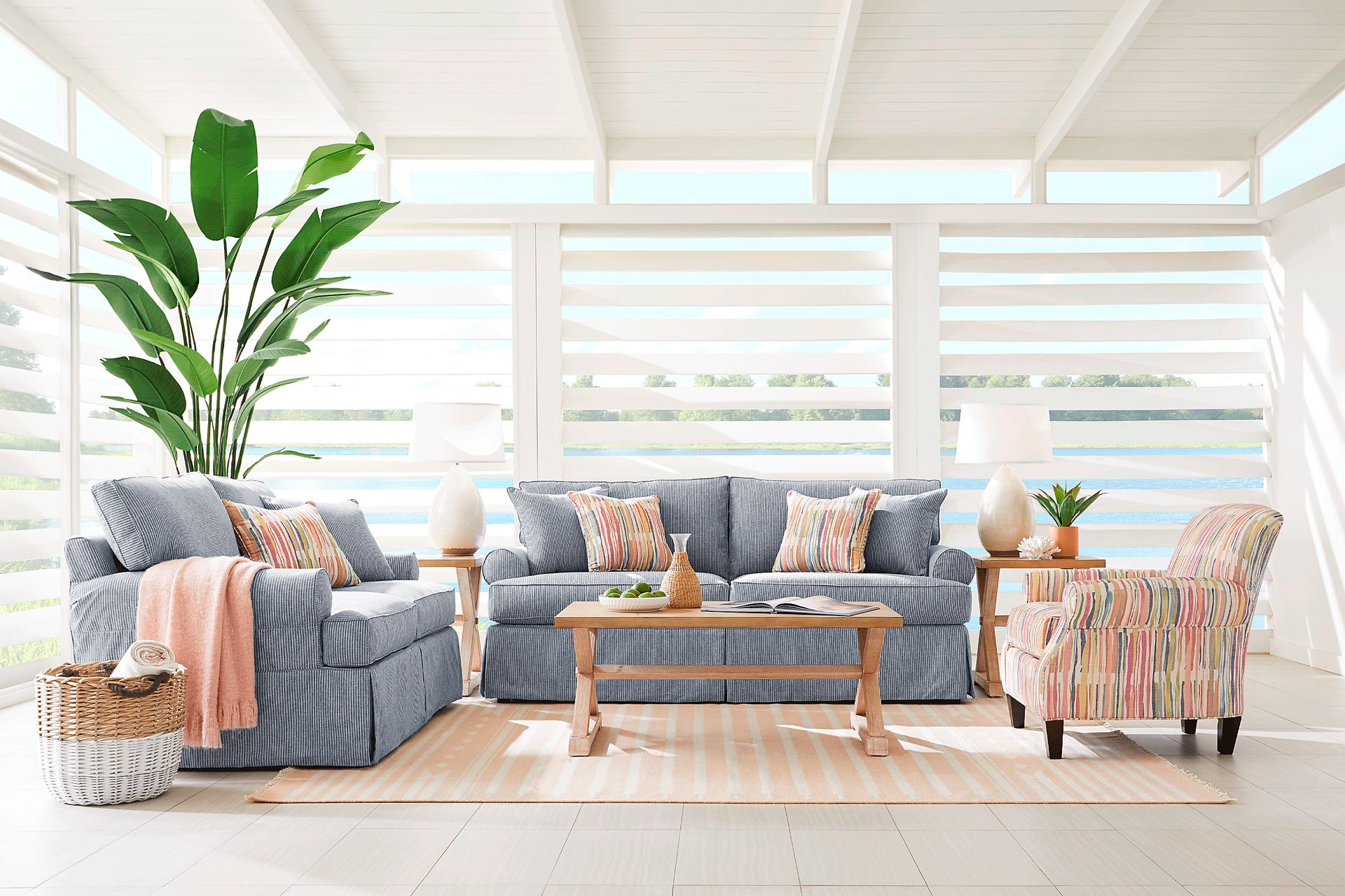 Beachside Walk Blue Denim Slipcover 7 Pc Living Room with Sleeper Sofa - Image 1