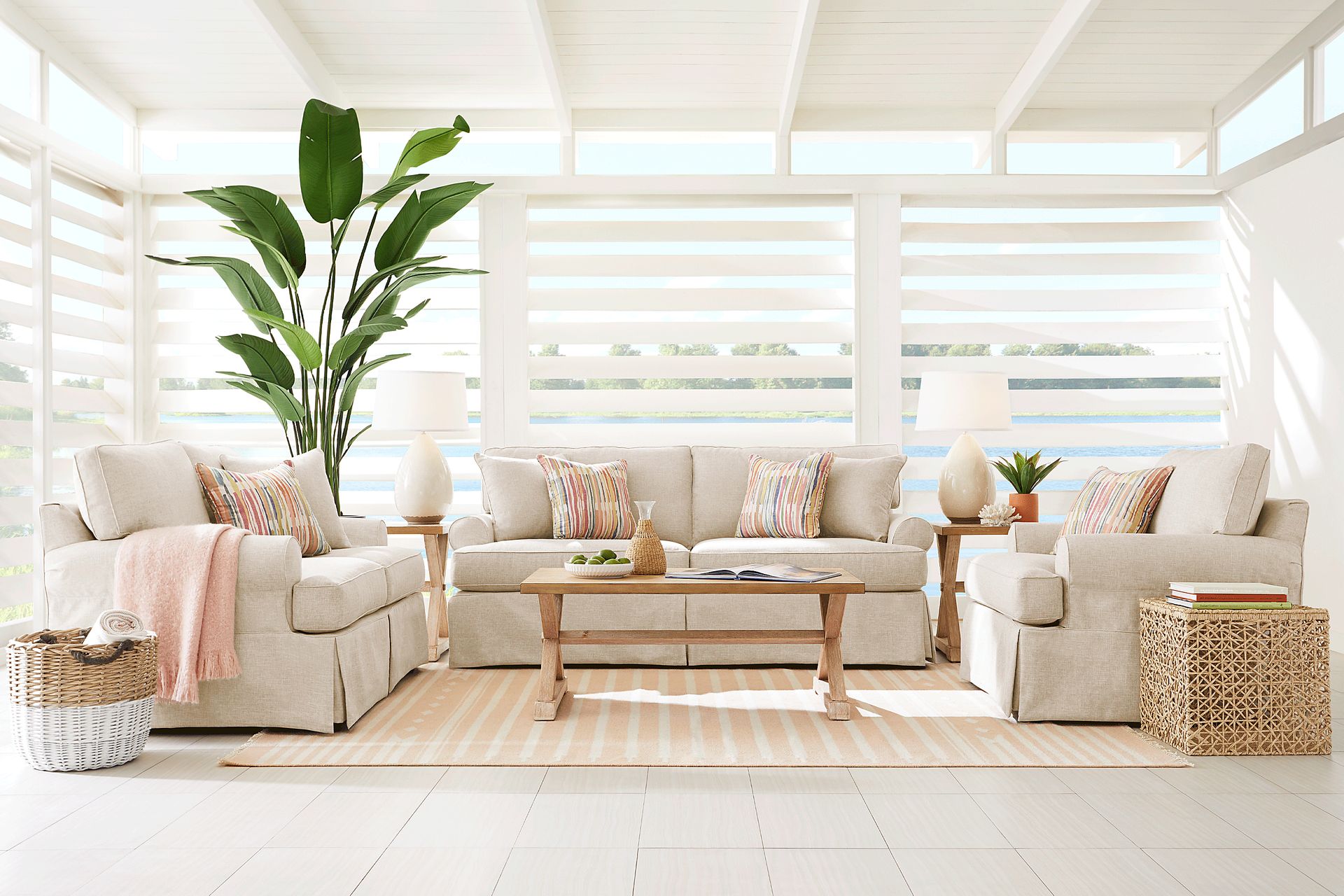 Beachside Walk Linen Textured Slipcover 8 Pc Living Room with Sleeper Sofa - Image 1