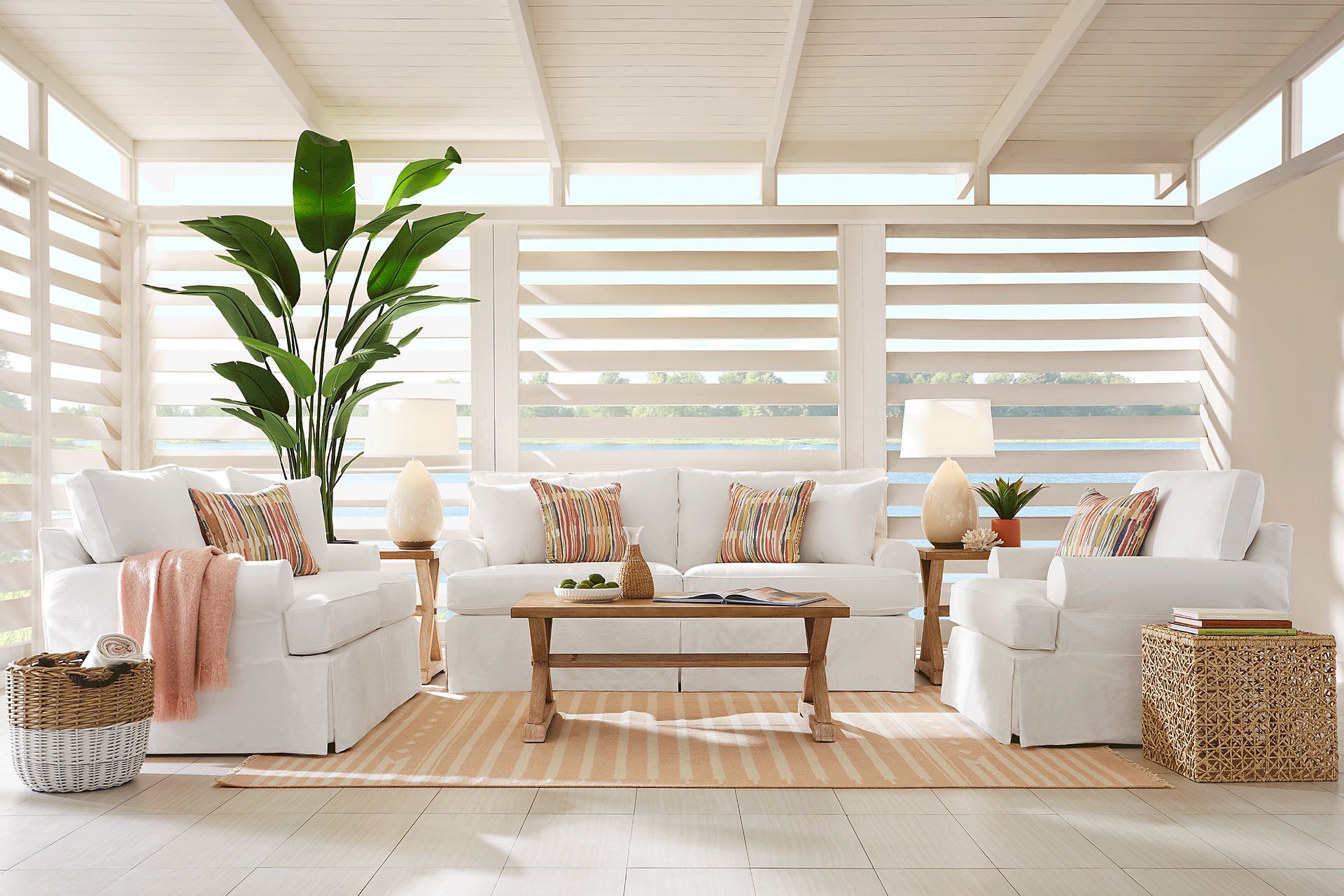 Beachside Walk White Denim Slipcover 7 Pc Living Room with Gel Foam Sleeper Sofa - Image 1