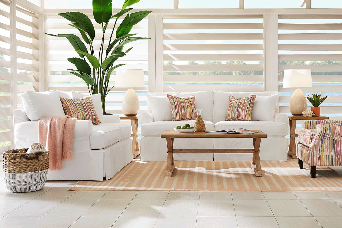 Cindy Crawford Beachside Walk 7 Pc White Cotton Fabric Living Room Set