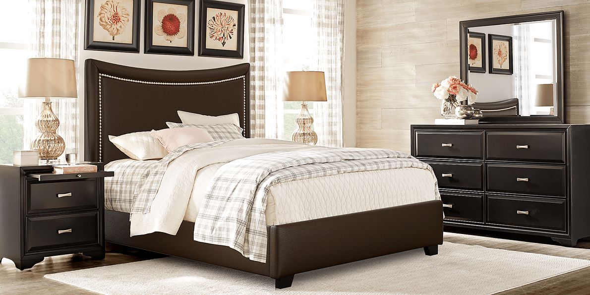 Belcourt Black 5 Pc Bedroom with Genoa Brown Queen Upholstered Bed