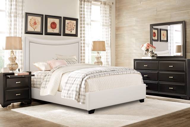 Belcourt Black 5 Pc Bedroom with Genoa Ivory King Upholstered Bed - Thumbnail - Image 1