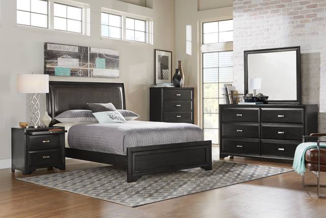Belcourt Black 3 Pc Queen Upholstered Sleigh Bed - Thumbnail - Image 2