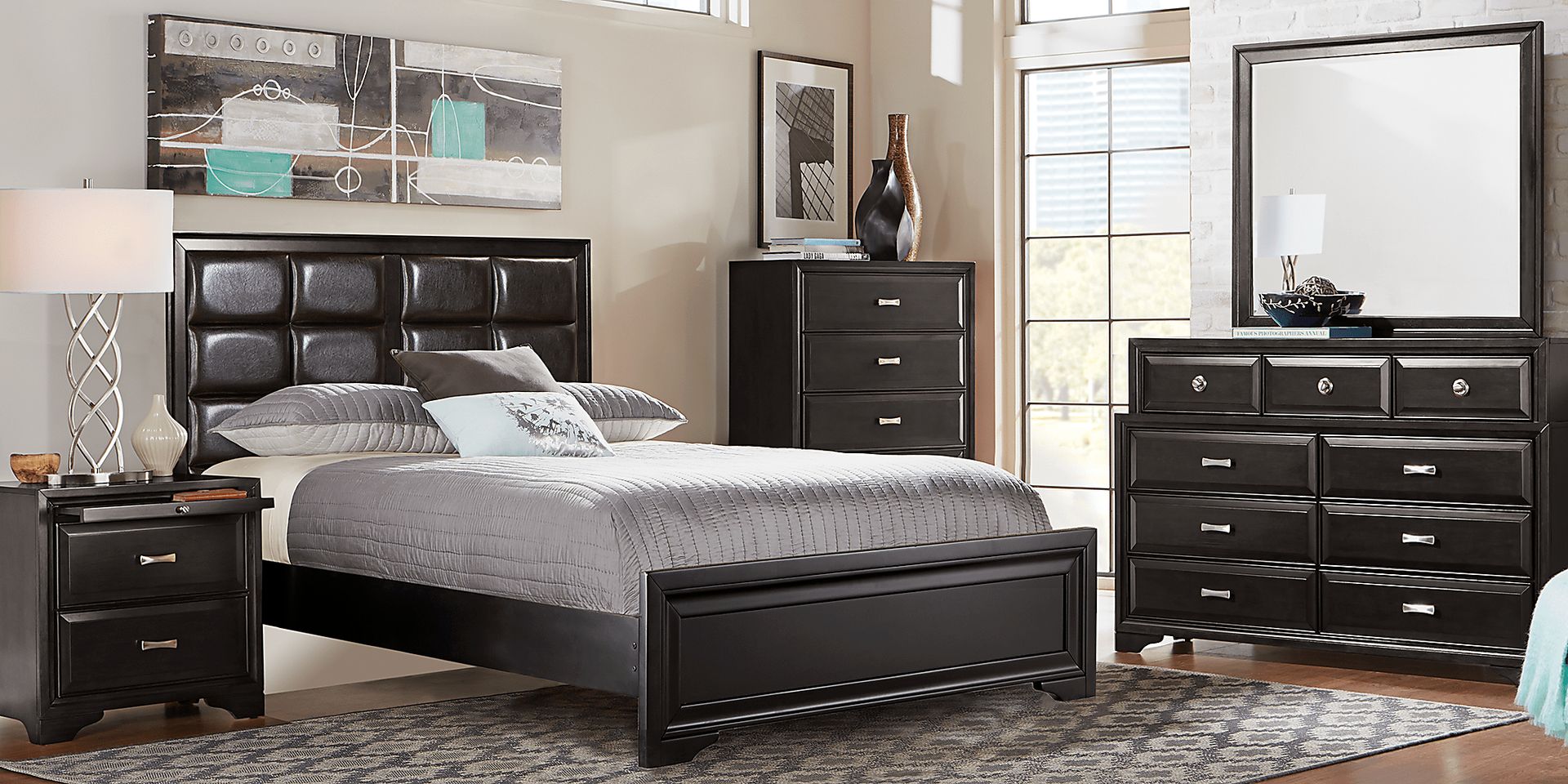 Belcourt Black 7 Pc Queen Upholstered Bedroom - Image 1