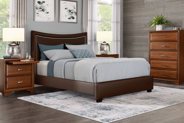 Belcourt Brown Cherry 5 Pc Bedroom With Genoa Brown King Upholstered Bed - Thumbnail - Image 1