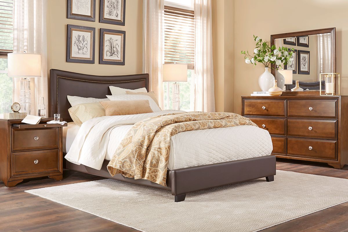 Belcourt 5 Pc Brown Cherry Dark Wood Queen Bedroom Set With Dresser, Mirror, 3 Pc Queen Bed ...