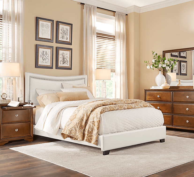 Belcourt Brown Cherry 5 Pc Bedroom with Genoa Ivory King Upholstered Bed