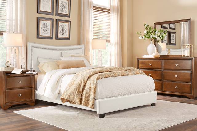 Belcourt Brown Cherry 5 Pc Bedroom with Genoa Ivory Queen Upholstered Bed - Thumbnail - Image 1