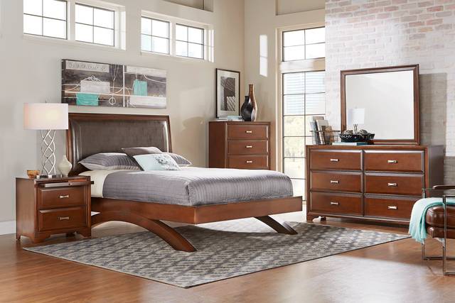 Belcourt Brown Cherry 5 Pc King Upholstered Sleigh Arch Bedroom - Thumbnail - Image 1