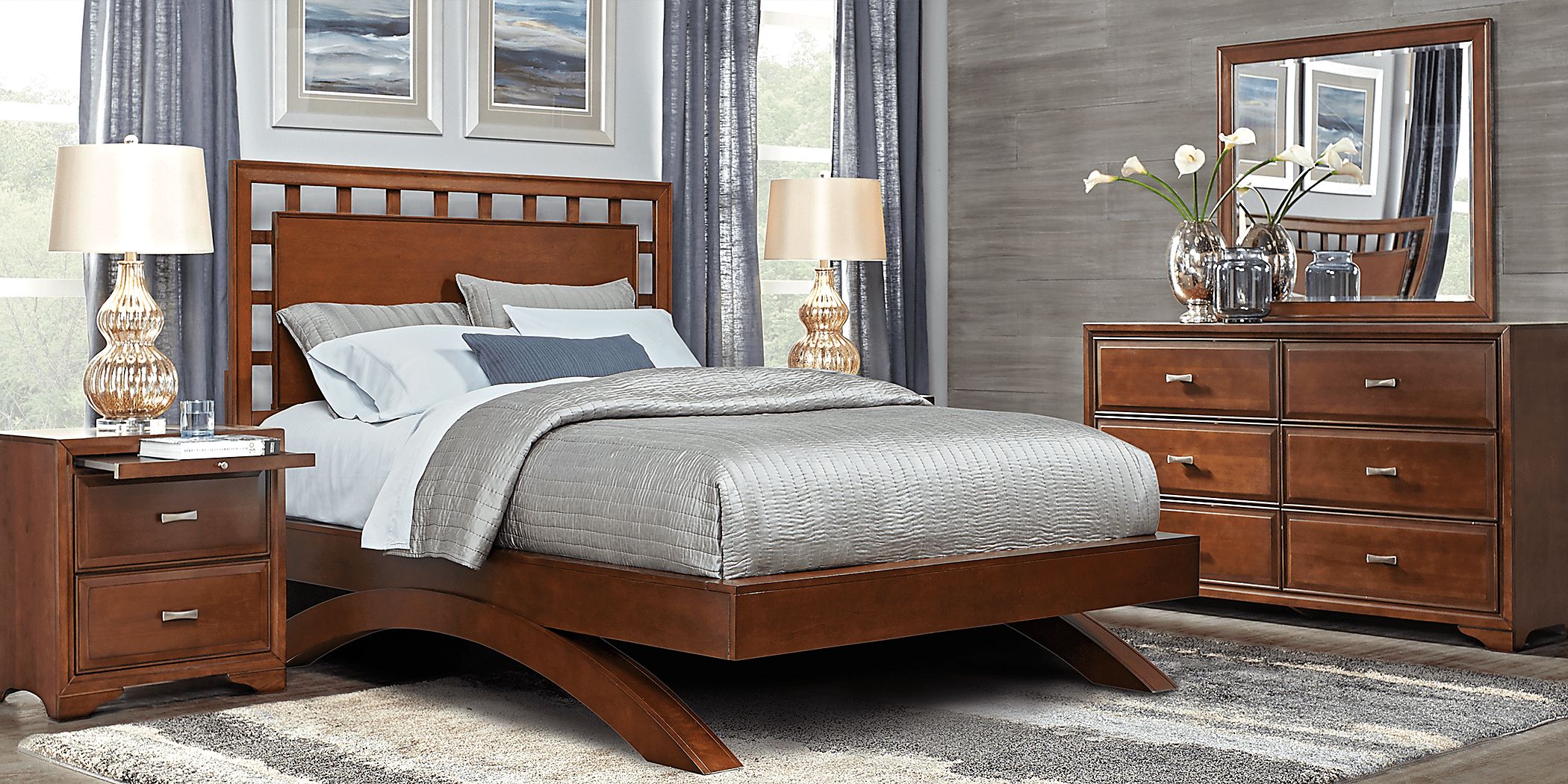 Belcourt 5 Pc Brown Cherry Dark Wood Queen Bedroom Set With Dresser, Mirror, 3 Pc Queen Lattice