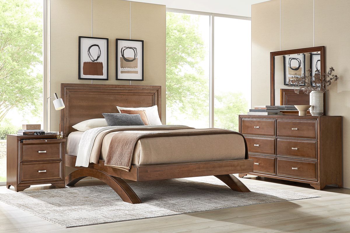 Belcourt 5 Pc Brown Cherry Dark Wood Queen Bedroom Set With 3 Pc Queen Panel Arch Bed, Dresser ...