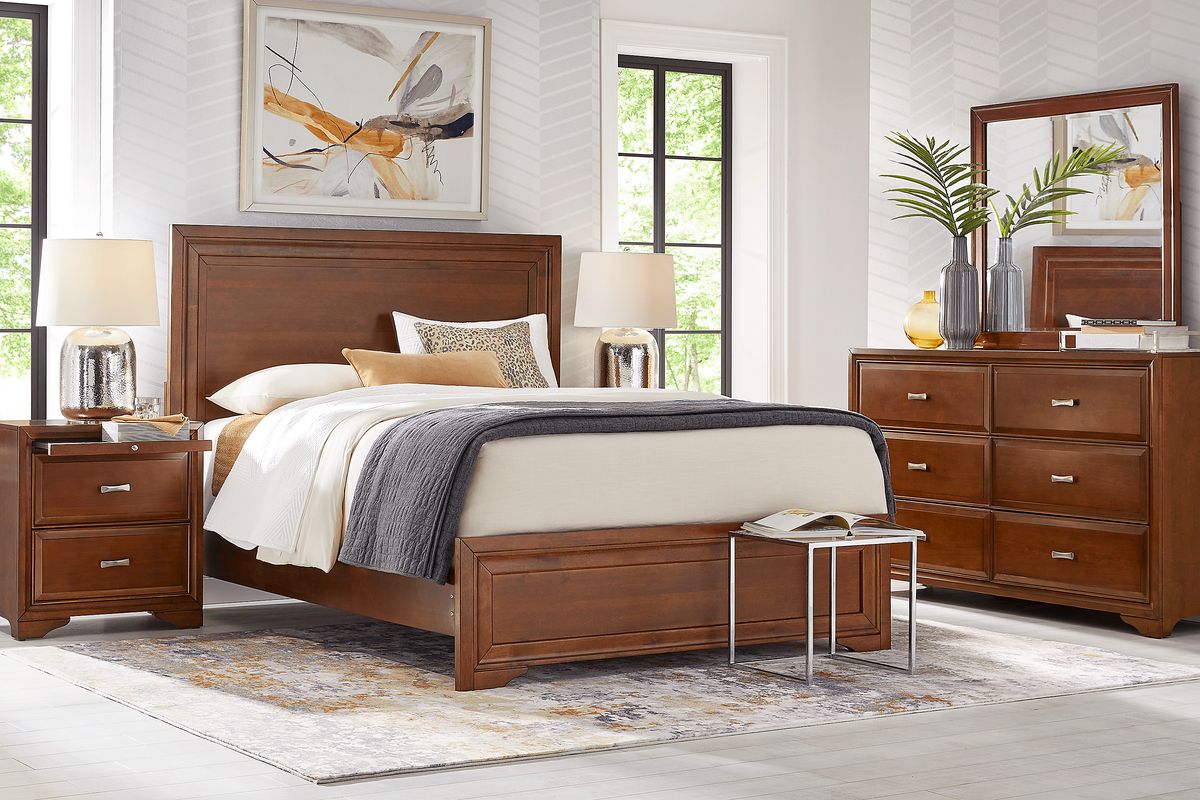Belcourt 5 Pc Brown Cherry Dark Wood Queen Bedroom Set With Dresser, Mirror, 3 Pc Queen Panel ...
