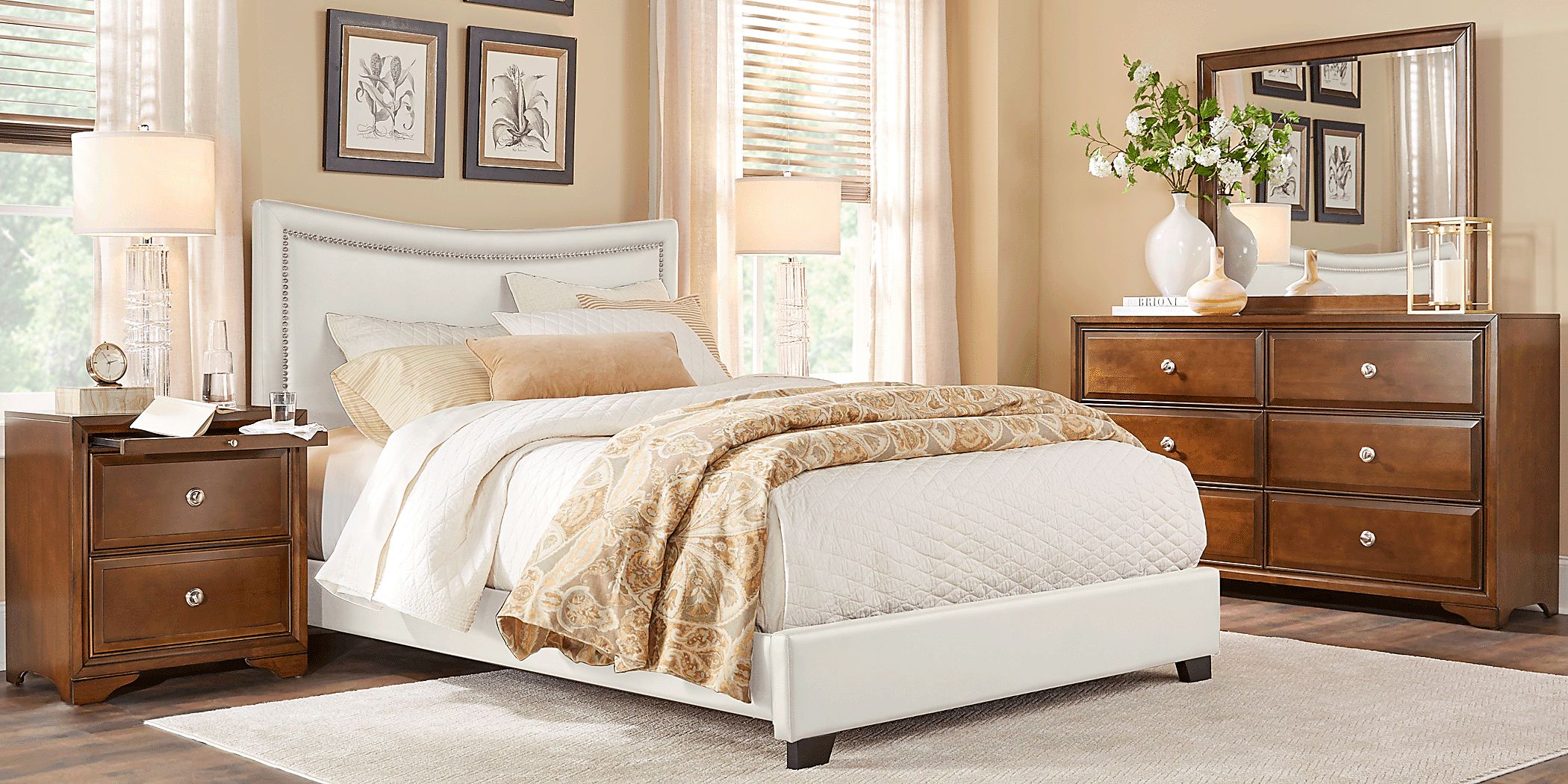 Belcourt Brown Cherry 7 Pc Queen Ivory Upholstered Bedroom Rooms To Go