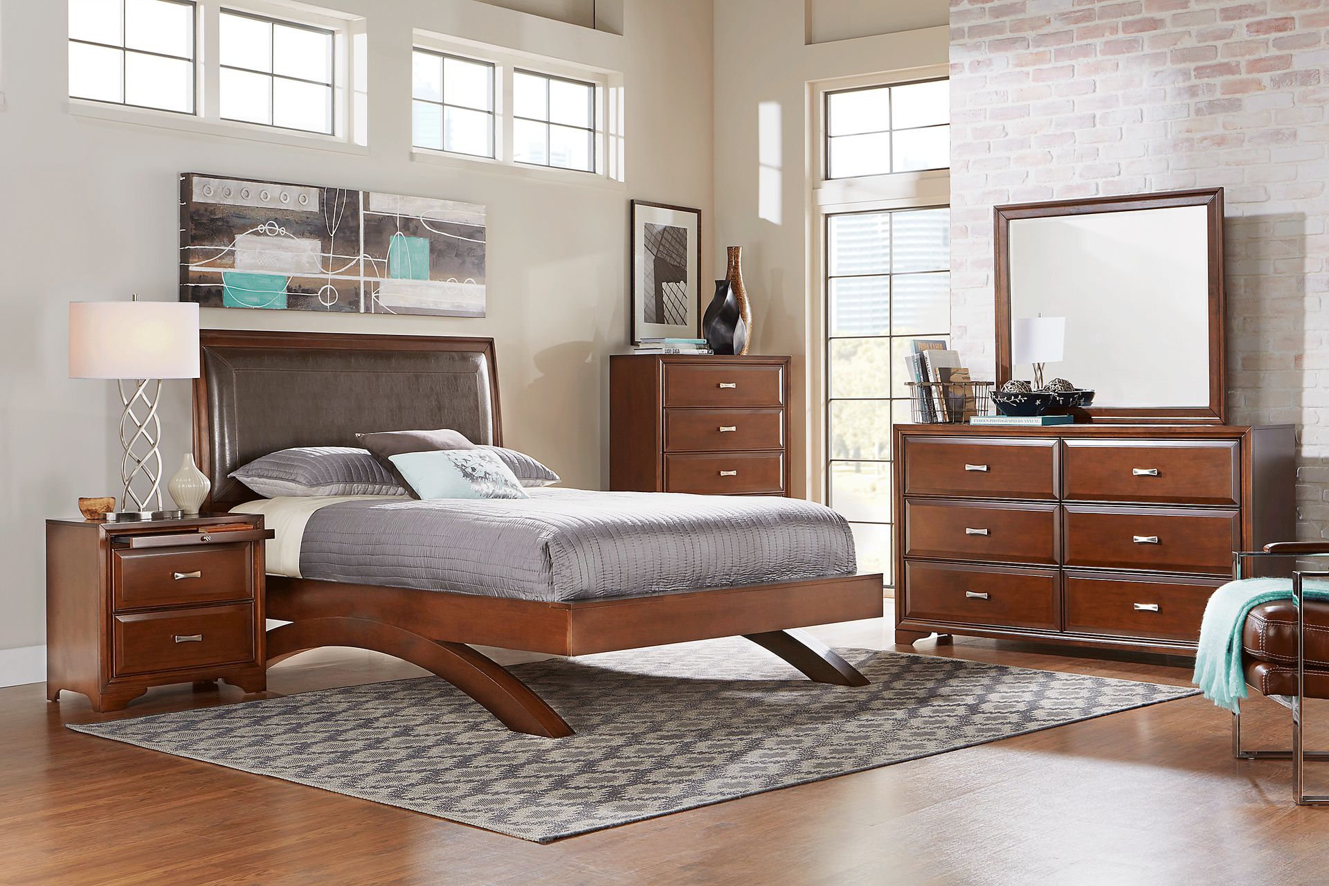 Belcourt Brown Cherry 8 Pc Queen Upholstered Sleigh Arch Bedroom - Image 1