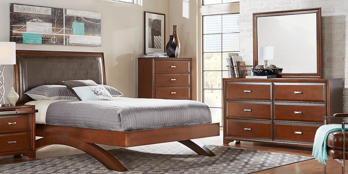 Belcourt Brown Cherry 5 Pc King Upholstered Sleigh Arch Bedroom