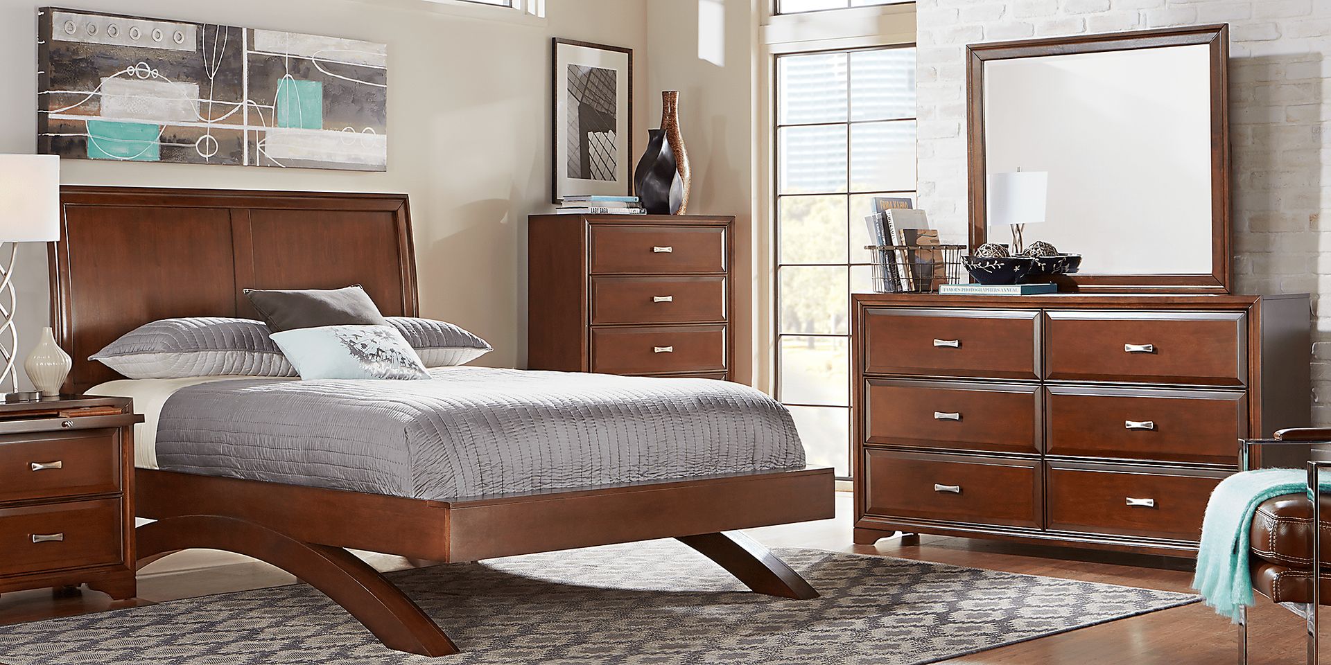 Belcourt Cherry 3 Pc Queen Platform Bed with Sleigh Headboard - Image 2