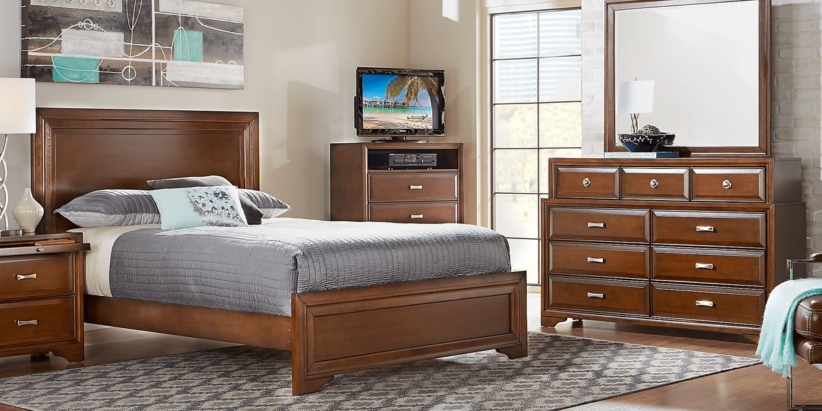 Belcourt 5 Pc Dark Cherry Wood Queen Bedroom Set With Mirror, 3 Pc Queen Sleigh Bed, Gallery