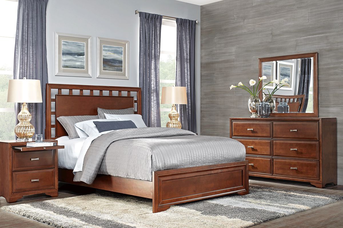 Belcourt 7 Pc Brown Cherry Dark Wood Queen Bedroom Set With Dresser