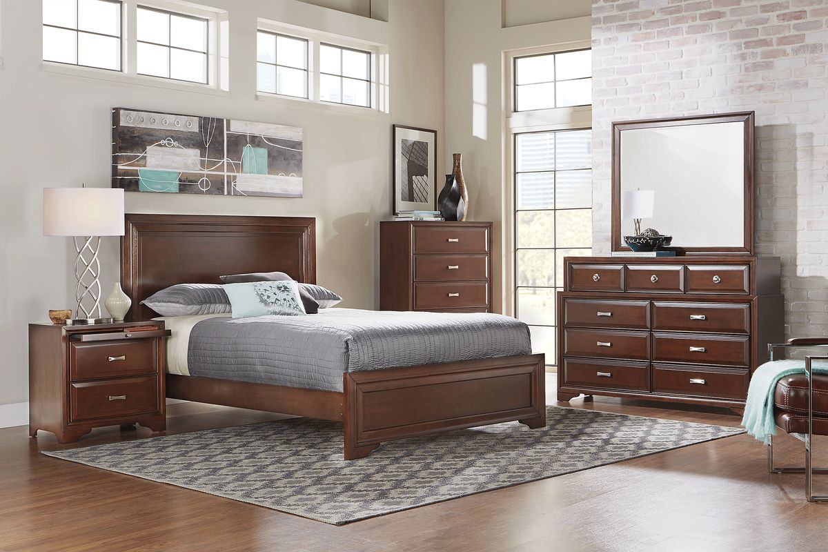 Belcourt 7 Pc Brown Cherry Dark Wood Queen Bedroom Set With Mirror ...