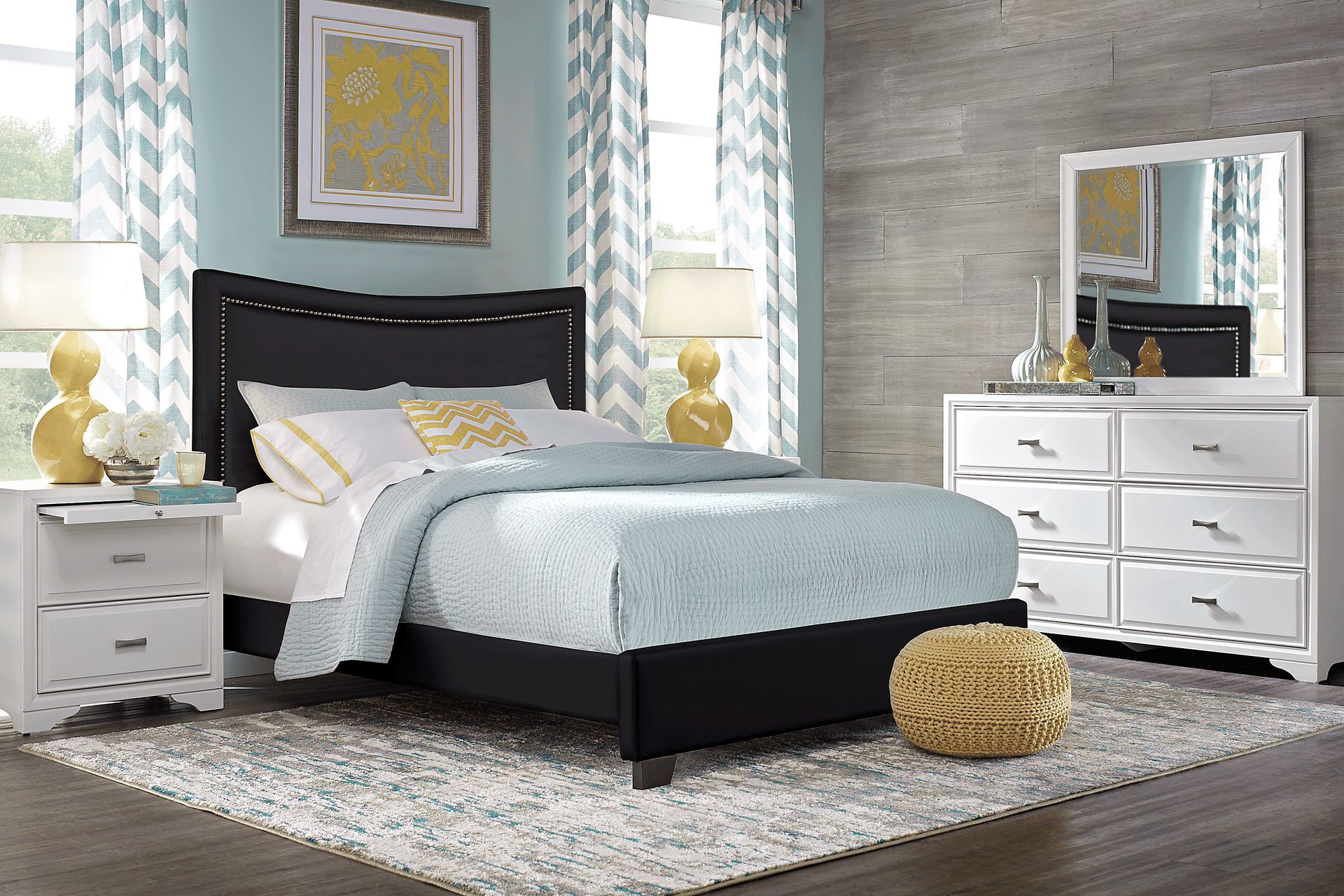 Belcourt White 5 Pc Bedroom with Genoa Black Queen Upholstered Bed - Image 1