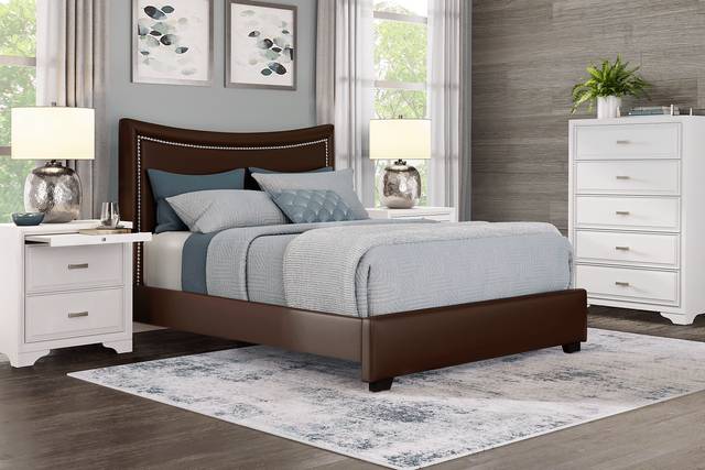 Belcourt White 5 Pc Bedroom With Genoa Brown Queen Upholstered Bed - Thumbnail - Image 1