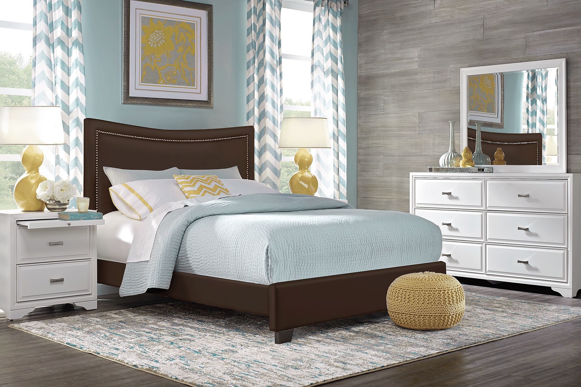 Belcourt White 5 Pc Bedroom with Genoa Brown Queen Upholstered Bed - Image 1