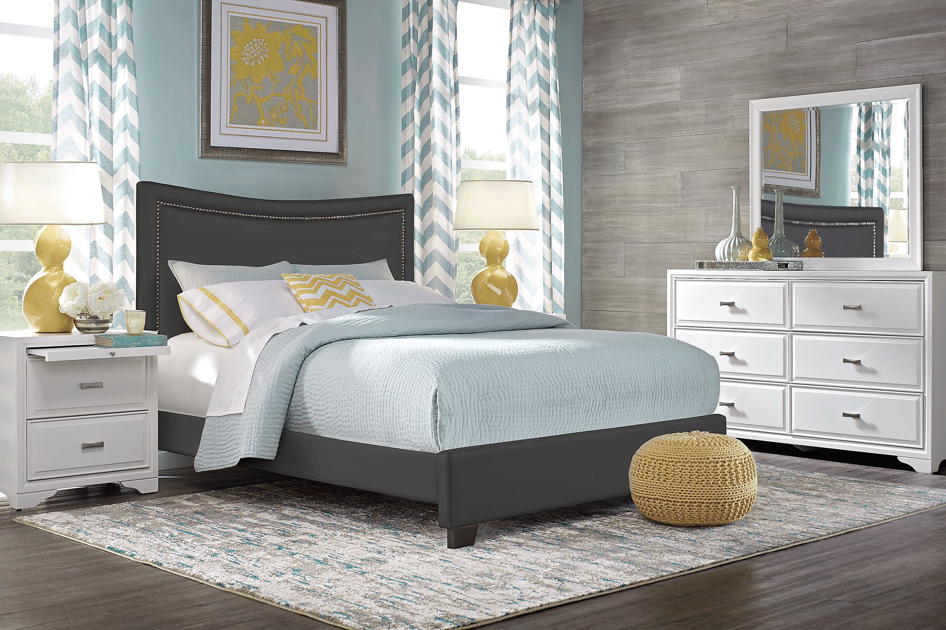 Belcourt White 5 Pc Bedroom with Genoa Gray Queen Upholstered Bed - Image 1
