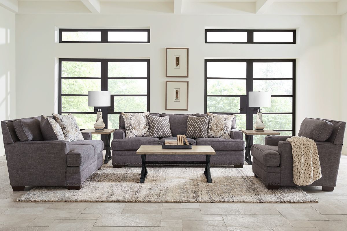 Belhaven 3 Pc Graphite Gray Chenille Fabric Living Room Set With Sofa ...