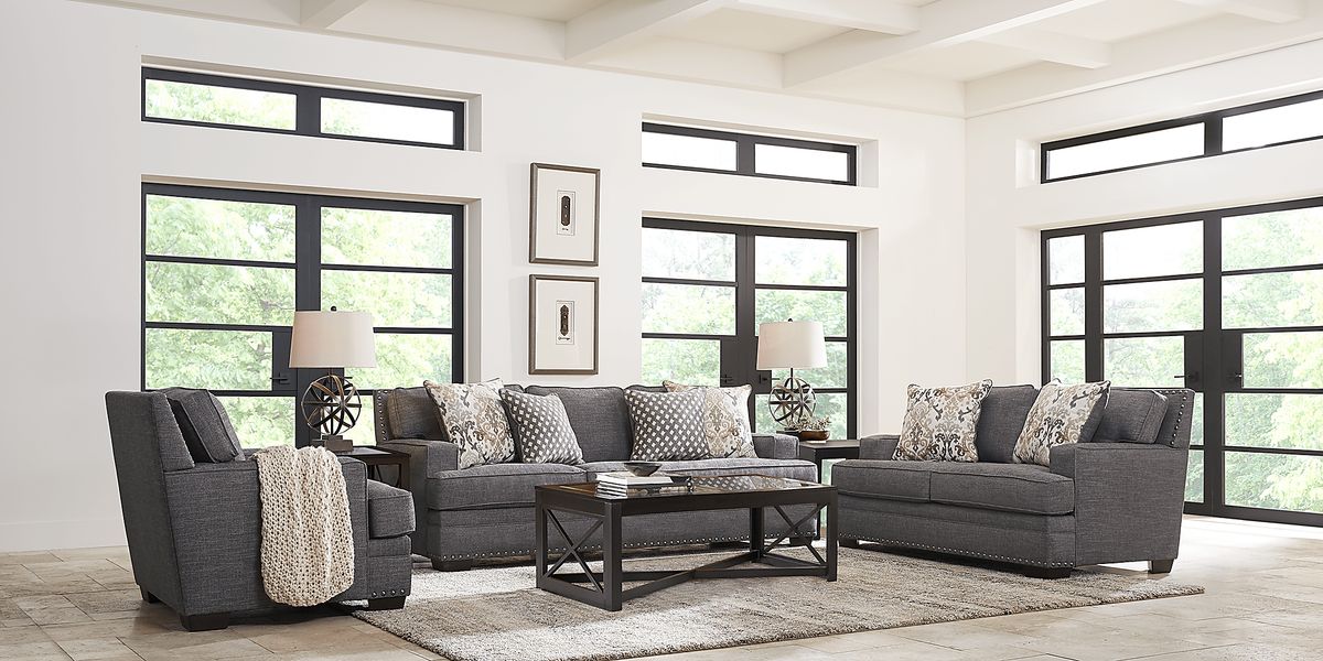 Belhaven 7 Pc Graphite Gray Chenille Fabric Living Room Set With 3 Pc ...