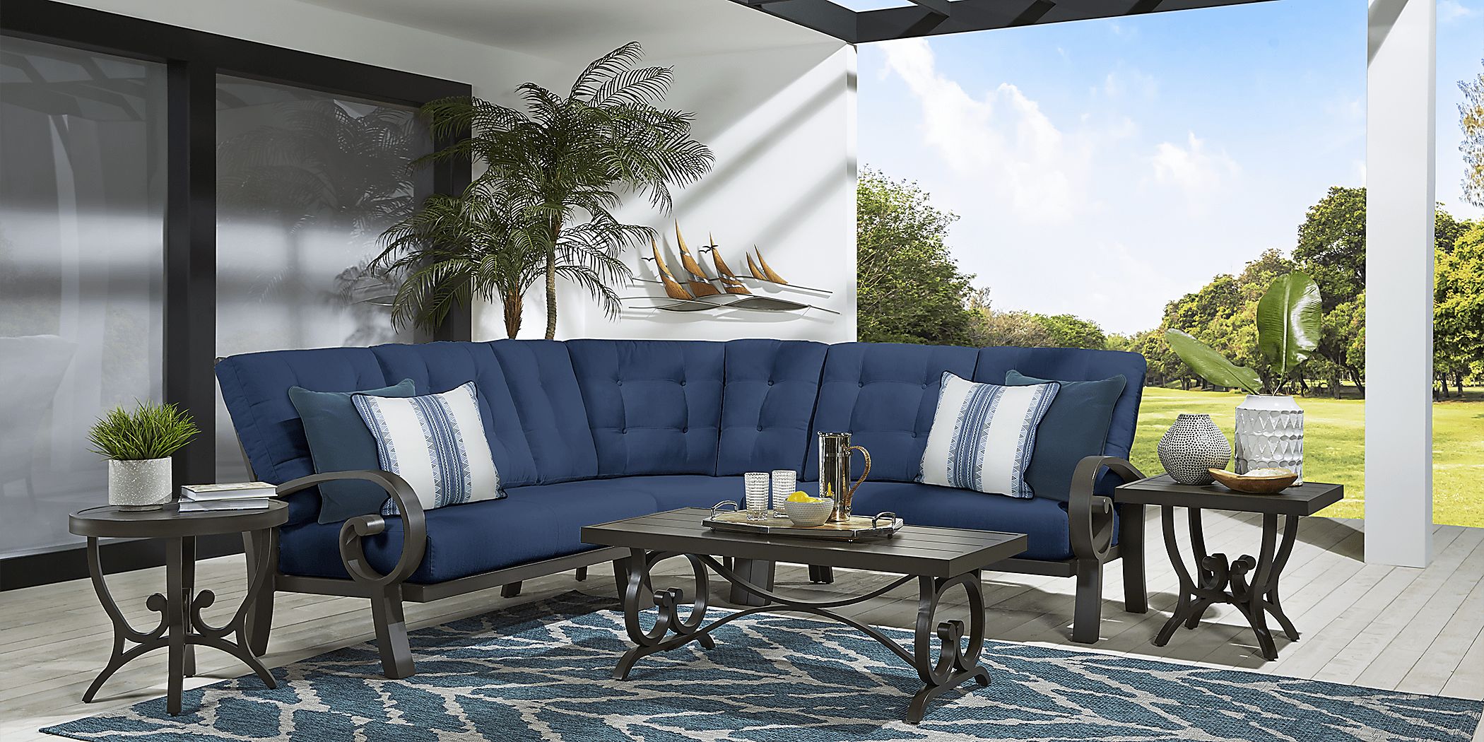Bermuda Bay Aged Bronze 3 Pc Outdoor Sectional with Ink Cushions